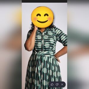 eshakti Green and Cream Polka Dot Midi Shirt Dress with Waist Tie